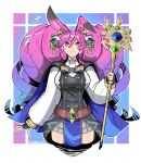 1girl absurdly_long_hair ailheim animal_ears bell black_cape black_gloves blue_cape blue_hair breasts cape cleo_(dragalia_lost) dragalia_lost fingerless_gloves gloves grin hair_bell hair_ornament highres holding holding_staff long_hair looking_at_viewer medium_breasts multicolored_hair official_alternate_costume pelvic_curtain pink_eyes pink_hair pleated_skirt rabbit_ears skirt smile solo staff teeth twintails upper_body very_long_hair watermark