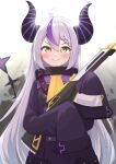 &gt;:) 1girl ahoge ascot black_horns blush braid braided_bangs closed_mouth coat collar demon_girl demon_horns double-parted_bangs grey_hair gun highres holding holding_weapon hololive horns la+_darknesss long_hair metal_collar multicolored_hair pointy_ears purple_coat purple_hair rifle roboco-san_(2nd_costume) sleeves_past_fingers sleeves_past_wrists slit_pupils smile solo streaked_hair striped_horns tail trench_coat typho v-shaped_eyebrows valorant very_long_hair virtual_youtuber weapon yellow_ascot yellow_eyes 