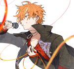  1boy absurdres black_jacket chain_necklace ear_piercing highres holding holding_microphone hoshi-toge jacket jewelry long_sleeves microphone multicolored_hair multiple_rings necklace orange_hair piercing project_sekai red_shirt ring shinonome_akito shirt simple_background solo streaked_hair sweat the_power_of_unity_(project_sekai) upper_body white_background yellow_eyes 