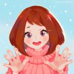  1girl :d artist_name blue_background blush boku_no_hero_academia brown_eyes brown_hair commentary english_commentary hands_up linda_yan looking_at_viewer medium_hair open_mouth pink_sweater simple_background smile solo sweater teeth turtleneck turtleneck_sweater upper_body upper_teeth_only uraraka_ochako 