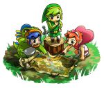  3boys animal_costume belt blue_hair brown_footwear grass green_hair green_headwear green_tunic headband heart holding holding_stick link map multiple_boys multiple_persona official_art open_mouth pointy_ears redhead short_hair stick sword teeth the_legend_of_zelda the_legend_of_zelda:_tri_force_heroes toon_link transparent_background tree_stump upper_teeth_only weapon 