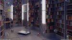  2018 3d artist_name book bookshelf cart chair computer cup cyrillic door highres indoors interior keyboard_(computer) lamp library monitor mouse_(computer) no_humans office_chair original scenery shadow shelf sign surafin swivel_chair table tile_floor tiles wall wall_lamp 