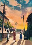  1girl 2boys absurdres black_hair blue_sky boots clouds cloudy_sky double_bun gintama glasses grey_hair hair_bun highres holding holding_umbrella house kagura_(gintama) multiple_boys orange_hair orange_sky outdoors sakata_gintoki shadow shimura_shinpachi shooogun short_hair sky sunset sword tire umbrella utility_pole waving weapon wooden_sword 