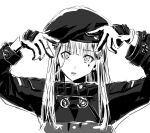  1girl chika_(keiin) commentary_request cross_hair_ornament double_w girls_frontline gloves greyscale hair_ornament hk416_(girls&#039;_frontline) long_hair long_sleeves monochrome oshi_no_ko parted_lips sidelocks simple_background solo teardrop_facial_mark teardrop_tattoo w white_background 