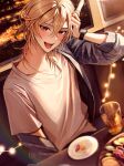  1boy :d arm_up blonde_hair blue_jacket blush city_lights collarbone commentary_request crossed_bangs cup dutch_angle eyelashes food genshin_impact hair_between_eyes highres indoors jacket jewelry kaveh_(genshin_impact) long_hair long_sleeves looking_at_viewer male_focus necklace night off_shoulder open_clothes open_jacket open_mouth parted_bangs plate pponnya red_eyes round_teeth shirt short_sleeves sidelocks smile solo string_of_light_bulbs t-shirt table teeth tongue upper_body watch watch white_shirt window 