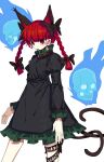  1girl :d absurdres animal_ears black_dress black_ribbon blunt_bangs blunt_tresses blush braid breasts cat_ears cat_tail commentary_request contrapposto dress extra_ears feet_out_of_frame floating_skull highres hitodama ichirugi juliet_sleeves kaenbyou_rin leg_ribbon legs_apart long_hair long_sleeves multiple_tails nekomata parted_lips pointy_ears puffy_sleeves red_eyes redhead ribbon simple_background slit_pupils small_breasts smile solo standing tail touhou twin_braids two_tails white_background 