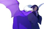  1boy bat_wings black_hair cape cowboy_shot dragon_wings facial_mark forehead_mark from_side fur-trimmed_cape fur_trim furrowed_brow hair_strand hair_tubes hands_up highres japanese_clothes kimono layered_sleeves long_sleeves looking_away looking_back male_focus nanahyaku_torako original purple_cape purple_hair purple_kimono purple_wings sash sideways_glance simple_background solo spread_wings transparent_wings violet_eyes white_background wide_sleeves wings worried 