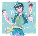  1boy aqua_eyes bow bowtie bracelet collared_shirt commentary cowboy_shot ensemble_stars! green_shirt grey_hair hair_between_eyes hat heart heterochromia highres holding_ice_cream itsuki_shu jewelry kagehira_mika male_focus necklace open_mouth pink_hair shirt short_hair solo star_(symbol) symbol-only_commentary teeth twitter_username upper_teeth_only violet_eyes wednesday_108 wristband yellow_bow yellow_bowtie yellow_eyes 