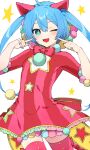  1girl animal_ears back_bow blue_eyes blue_hair bow bowtie cat_ears cowboy_shot double-parted_bangs dress frilled_dress frills hair_between_eyes hatsune_miku index_finger_raised long_hair looking_at_viewer mmo!!!! pom_pom_(clothes) project_sekai red_bow red_bowtie red_dress red_thighhighs sidelocks simple_background solo sparkling_eyes star_(symbol) star_cutout star_print thigh-highs twintails very_long_hair vocaloid white_background wonderlands_x_showtime_miku 