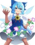  1girl absurdres blue_bow blue_dress blue_eyes blue_hair bow cirno commentary dress flower hair_bow hand_on_own_hip highres looking_at_viewer mikan_(manmarumikan) parted_lips pink_flower shirt short_hair short_sleeves simple_background solo sunflower touhou white_background white_shirt yellow_flower 