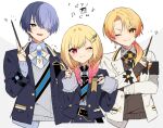  1girl 2boys aoyagi_touya blonde_hair blue_hair blue_jacket blush bow bowtie braid brother_and_sister brown_bow brown_bowtie brown_sweater closed_mouth collared_shirt earrings grey_eyes grey_shirt holding holding_wand jacket jewelry long_sleeves low_ponytail low_twin_braids mmo!!!! multiple_boys one_eye_closed pink_eyes project_sekai shirt siblings smile sweater tenma_saki tenma_tsukasa twin_braids upper_body wand white_bow white_bowtie white_jacket white_shirt white_sweater yellow_eyes 