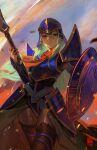  1girl armor black_thighhighs blue_armor blue_eyes breastplate commission daniel_deng detached_sleeves fire_emblem fire_emblem:_radiant_dawn green_eyes green_hair helmet highres holding holding_polearm holding_shield holding_weapon light_green_hair long_hair looking_at_viewer nephenee_(fire_emblem) pauldrons polearm serious shield shoulder_armor simple_background skirt solo spear thigh-highs weapon zettai_ryouiki 