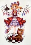  1girl absurdres adapted_costume aoyama_tenchou apple ascot blonde_hair blush bobby_socks bow center_frills checkered_floor corset crystal flandre_scarlet food frilled_skirt frills front_slit fruit hat hat_bow highres laevatein_(touhou) layered_skirt looking_at_viewer mary_janes medium_hair mob_cap one_side_up petticoat puffy_short_sleeves puffy_sleeves red_bow red_corset red_eyes red_skirt red_vest shoes short_sleeves skirt socks solo standing standing_on_one_leg stuffed_animal stuffed_toy teddy_bear touhou twitter_username vest waist_bow wavy_hair white_background white_bow wings wrist_cuffs yellow_ascot 