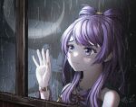  1girl 2_ru aika_himena bedroom frown gold highres looking_away magia_record:_mahou_shoujo_madoka_magica_gaiden magical_girl mahou_shoujo_madoka_magica moon purple_hair rain reflection violet_eyes window 