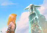  2boys absurdres archaic_set_(zelda) blue_sky body_markings clouds furry furry_male highres king_rauru large_ears light_brown_hair link long_hair multiple_boys patterned_clothing pointy_ears single_bare_shoulder sky the_legend_of_zelda the_legend_of_zelda:_tears_of_the_kingdom very_long_ears very_long_hair wyvern-witch 