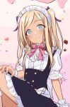  1girl absurdres apron blonde_hair blue_eyes bow bowtie chiyosuke_(nosuke21) commentary_request dark-skinned_female dark_skin hair_ribbon highres idolmaster idolmaster_cinderella_girls layla_(idolmaster) long_hair looking_at_viewer maid maid_apron maid_headdress purple_ribbon ribbon short_sleeves sketch smile solo two_side_up 