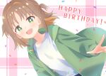  +_+ 1girl :d absurdres brown_hair colored_inner_hair commentary confetti english_text fang green_eyes green_jacket hair_intakes happy_birthday highres hood hooded_jacket jacket long_sleeves looking_at_viewer medium_hair multicolored_hair oka_asahi onii-chan_wa_oshimai! open_clothes open_jacket open_mouth orange_hair outline plaid plaid_background shirt shizukuma simple_background skin_fang smile solo two-tone_hair two_side_up upper_body white_outline white_shirt 