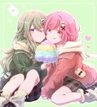  2girls :q brown_skirt cotton_candy food green_hair green_jacket grey_background hair_ornament highres holding holding_food jacket kusanagi_nene long_sleeves looking_at_viewer multiple_girls oekakimmy one_eye_closed ootori_emu osanpo_usa-chan_coord_(project_sekai) pink_eyes pink_hair pink_jacket plaid plaid_skirt project_sekai rabbit_hair_ornament short_hair simple_background sitting skirt smile socks tongue tongue_out violet_eyes white_socks x_hair_ornament 