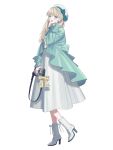  1girl :d bag blush boots bow coat cross-laced_footwear dairoku_ryouhei dress earrings full_body green_coat green_eyes hand_up handbag hat hat_bow high_heel_boots high_heels highres jewelry long_hair long_sleeves looking_at_viewer shirono_ibara skirt smile solo standing transparent_background umai_oimo white_dress white_footwear white_headwear white_skirt yellow_bow 
