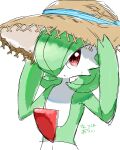  1girl adjusting_clothes adjusting_headwear artist_name bob_cut brown_headwear clothed_pokemon colored_skin commentary_request flat_chest gardevoir green_hair green_skin hair_over_one_eye hands_up hat highres looking_at_viewer muguet multicolored_skin one_eye_covered open_mouth pokemon pokemon_(creature) red_eyes short_hair signature simple_background sketch solo standing straw_hat sweat translation_request two-tone_skin upper_body white_background white_skin 