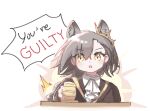 1girl ace_attorney animal_ears arknights ascot brown_hair commentary english_commentary english_text extra_ears gavel jacket long_hair looking_at_viewer mole_above_eye penance_(arknights) rinzy solo wolf_ears wolf_girl yellow_eyes 