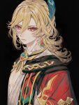  1boy blonde_hair blue_feathers cape chiyu_(ixix_zzz) compression_shirt earrings feather_hair_ornament feathers genshin_impact gold_earrings gold_necklace gold_trim hair_ornament highres jewelry kaveh_(genshin_impact) long_hair looking_at_viewer male_focus mandarin_collar necklace red_cape red_eyes shoulder_cape solo 