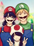  1boy 2girls black_hair blonde_hair blue_overalls blurry blurry_background braid braided_ponytail castle chainsaw_man commentary cosplay denji_(chainsaw_man) double_v fake_facial_hair fake_mustache green_shirt hair_over_one_eye hair_over_shoulder hands_up hunnymzdraws instagram_username long_hair looking_at_viewer low_twintails luigi luigi_(cosplay) mario mario_(cosplay) mitaka_asa multiple_girls mushroom_hat nayuta_(chainsaw_man) overalls parted_lips red_eyes red_shirt ringed_eyes sharp_teeth shirt short_hair smile straight-on super_mario_bros. teeth toad_(mario) toad_(mario)_(cosplay) twintails twitter_username upper_body v 