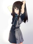  1girl adjusting_hair arms_behind_head belt black_hair blue_belt blue_dress collared_shirt commentary_request cowboy_shot dress green_ribbon grey_dress highres inoue_takina keeemu_(gouf2016) long_hair looking_ahead lycoris_recoil lycoris_uniform mouth_hold neck_ribbon pleated_dress ribbon rubber_band shirt short_sleeves simple_background solo two-tone_dress violet_eyes white_shirt 