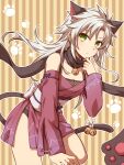  1girl animal_ears animal_hands bell cat_ears cat_paws cat_tail chihiro_(chihiro3399) eiyuu_densetsu fake_animal_ears fake_tail fie_claussell green_eyes hajimari_no_kiseki highres japanese_clothes jingle_bell kimono long_hair looking_at_viewer scarf sen_no_kiseki sen_no_kiseki_iv sidelocks solo tail white_hair 