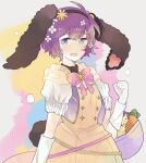  1girl animal_ears belt bernadetta_von_varley bernadetta_von_varley_(spring) blush bow brown_hairband dress fake_animal_ears fire_emblem fire_emblem:_three_houses fire_emblem_heroes flower gloves grey_eyes hair_between_eyes hair_flower hair_ornament hairband highres kico916 looking_at_viewer official_alternate_costume open_mouth pink_belt puffy_short_sleeves puffy_sleeves purple_bow purple_hair rabbit_ears short_hair short_sleeves simple_background solo stuffed_animal stuffed_toy upper_body wavy_hair white_gloves yellow_dress 
