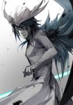  1boy bleach commentary_request demon_boy green_eyes green_hair helmet highres hishui_prpr holding holding_polearm holding_weapon looking_at_viewer male_focus pale_skin polearm short_hair simple_background solo ulquiorra_cifer weapon wings 