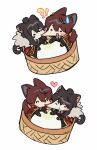  !? 1boy 1girl :&lt; animal_ears bamboo_steamer baozi bbunny biting black_gloves black_jacket blush_stickers brown_hair cape cat_ears cat_tail cheek_biting chibi coat dog_ears dog_tail food fur-trimmed_coat fur_trim gloves gold_trim heart jacket library_of_ruina lowell_(library_of_ruina) project_moon red_cape red_coat redhead simple_background sweat tail white_background xiao_(library_of_ruina) 