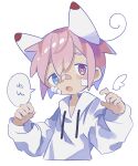  1boy :o absurdres animal_ears bandage_on_face bandages bandaid bandaid_on_face bandaid_on_nose blue_eyes blush blush_stickers bright_pupils hands_up heterochromia highres hood hood_down hoodie jitome long_sleeves looking_at_viewer open_mouth original pink_hair raito-kun_(uenomigi) red_eyes short_hair simple_background solo uenomigi upper_body white_background white_hoodie white_pupils 