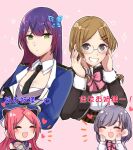  4girls :d ^_^ arms_under_breasts assault_lily black_gloves black_necktie blue_jacket blue_sailor_collar blush bow bowtie braid breasts brown_hair brown_jacket butterfly_hair_ornament chibi closed_eyes closed_mouth collared_shirt commentary corset cropped_torso crossed_arms detached_sleeves epaulettes funada_kiito glasses gloves green_eyes grey-framed_eyewear grey_eyes grey_hair grin hair_ornament hairclip hairpods hands_on_own_cheeks hands_on_own_face hands_up hasegawa_gabriella_tsugumi heart interlocked_fingers jacket large_breasts long_hair long_sleeves looking_at_viewer low_twin_braids low_twintails ludvico_private_girls&#039;_academy_school_uniform matsunaga_brigitta_kayo mole mole_under_eye multiple_girls necktie nervous_smile nigari_(ngari_0115) notice_lines odaiba_girls_high_school_uniform open_clothes open_jacket open_mouth own_hands_clasped own_hands_together parted_bangs partially_fingerless_gloves pink_background pink_bow pink_bowtie purple_hair redhead sailor_collar school_uniform serafuku shiba_tomoshibi shirt short_hair side_braid simple_background single_braid sleeveless sleeveless_shirt sleeves_past_wrists smile sparkle spoken_heart sweatdrop translated twin_braids twintails underbust upper_body white_shirt 