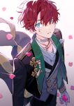  1boy amagi_hiiro aqua_eyes black_pants blood blood_on_face buttons choker commentary cowboy_shot ensemble_stars! flower gloves gradient_background jewelry long_sleeves male_focus necklace pants parted_lips petals redhead seuga short_hair solo symbol-only_commentary white_choker white_gloves 