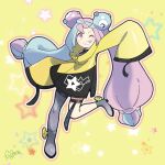  1girl ;d blue_hair bow-shaped_hair character_hair_ornament eyelashes full_body hair_ornament highres iono_(pokemon) jacket leg_up long_hair long_sleeves looking_at_viewer low-tied_long_hair marie_(marie_cookie222) multicolored_hair one_eye_closed oversized_clothes pink_hair pokemon pokemon_(game) pokemon_sv signature single_leg_pantyhose sleeves_past_fingers sleeves_past_wrists smile solo star_(symbol) teeth twintails two-tone_hair yellow_background 