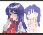  1girl blue_eyes blue_hair blush bow bowtie capelet chibi chibi_inset eating expressionless food fruit hair_intakes kanon long_hair long_sleeves looking_at_viewer minase_nayuki pajamas paw_print red_bow red_bowtie school_uniform sketch sleepy solo sonchi strawberry white_background 