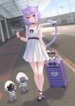  1girl absurdres ahoge aircraft airplane airport animal_ear_fluff animal_ears black_bow black_footwear black_ribbon blush bow brand_name_imitation camera cat_ears cat_girl cat_tail dress dutch_angle full_body highres hololive looking_at_viewer medium_hair nekomata_okayu onigirya_(nekomata_okayu) open_mouth purple_hair ribbon road short_dress sleeveless sleeveless_dress smile solo standing suitcase tail tail_ornament tail_ribbon togemaru34 violet_eyes virtual_youtuber white_dress wristband 