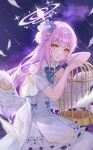  1girl angel_wings birdcage blue_archive cage capelet commentary dress feathers hair_bun halo high-waist_skirt highres long_hair looking_at_viewer low_wings medium_dress mika_(blue_archive) overskirt pantyhose pink_hair purple_sky scrunchie single_side_bun skirt sky smile solo symbol-only_commentary very_long_hair white_capelet white_dress white_pantyhose white_skirt wings wrist_scrunchie yellow_eyes yulha_06 