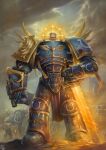  6+boys armor armored_boots blonde_hair blue_armor bolter boots breastplate clouds cloudy_sky flaming_sword flaming_weapon full_armor gauntlets glowing glowing_eyes gold_trim greaves halo helmet holding holding_sword holding_weapon imperium_of_man looking_at_viewer metal_wings multiple_boys no_pupils ornate ornate_armor pauldrons power_armor primarch purity_seal ricardo1980 roboute_guilliman short_hair shoulder_armor sky solo_focus space_marine sword vambraces warhammer_40k weapon white_eyes 