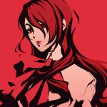  1girl bow bowtie closed_mouth hair_between_eyes hair_over_one_eye kirijou_mitsuru lips long_hair looking_at_viewer moshimoshibe persona persona_3 red_background red_bow red_bowtie red_eyes red_lips red_theme redhead shirt simple_background solo upper_body 