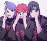  1girl 2boys akatsuki_uniform black_hair body_piercings closed_mouth facial_mark flower forehead_protector grey_background hair_flower hair_ornament jewelry konan_(naruto) konohagakure_symbol labret_piercing lip_piercing looking_at_viewer multiple_boys nail_polish naruto naruto_(series) naruto_shippuuden orange_eyes piercing purple_hair red_eyes red_nails redhead ring sasori_(naruto) sharingan short_hair simple_background tarou_(0514251997) uchiha_itachi white_flower 