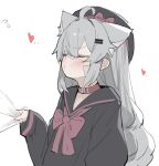  1girl 1other ahoge animal_ear_fluff animal_ears bandaid bandaid_on_face bandaid_on_nose belt_collar closed_mouth collar fenrir_(fenriluuu) flying_sweatdrops grey_hair hat heart long_hair long_sleeves multiple_hairpins original ribbon rir-chan sailor_collar shirt shirt_tug white_background white_shirt wolf_ears wolf_girl 