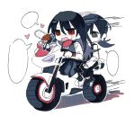  1boy 2girls black_hair chainsaw_man cross_scar denji_(chainsaw_man) dress fourth_east_high_school_uniform heart heart-shaped_pupils highres long_hair looking_at_another low_twintails mini_person miniboy mitaka_asa multiple_girls on_motorcycle open_mouth pinafore_dress red_eyes ringed_eyes scar scar_on_cheek scar_on_face school_uniform simple_background sleeveless sleeveless_dress symbol-shaped_pupils thouge2 twintails white_background yoru_(chainsaw_man) 
