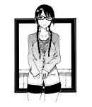  1girl braid breasts collarbone glasses greyscale hand_in_pocket kotoyama long_hair looking_at_viewer monochrome shirt shorts solo striped striped_shirt twin_braids 