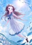  1girl absurdres blue_eyes blue_sailor_collar blue_sky brown_hair clouds dress fish highres loafers long_hair looking_at_viewer minau37 mukaido_manaka nagi_no_asukara nami_junior_high_school_uniform sailor_collar sailor_dress school_uniform see-through_silhouette shoes sky solo sun swimming underwater white_dress 