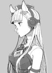  1girl animal_ears armband bare_shoulders blunt_bangs bow bowtie chest_strap chin_strap commentary_request expressionless from_side gold_ship_(umamusume) greyscale hair_behind_ear hair_over_shoulder half-closed_eyes hatching_(texture) highres horse_ears long_hair looking_ahead monochrome parted_lips pillbox_hat simple_background sleeveless sleeveless_jacket solo umamusume yezi_(yo10ru29ko) 