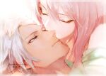  1boy 1girl alphen_(tales) close-up closed_eyes couple dark-skinned_male dark_skin hair_between_eyes hair_down hand_on_another&#039;s_head hetero kiss kissing_cheek long_hair lying nukegara102 official_alternate_hairstyle on_back parted_bangs pink_hair shionne_(tales) short_hair sidelocks smile spiky_hair tales_of_(series) tales_of_arise white_hair 