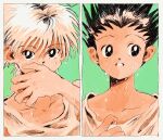  2boys black_eyes black_hair blue_background gon_freecss highres hunter_x_hunter killua_zoldyck looking_at_viewer looking_to_the_side male_child male_focus multiple_boys shirt short_hair simple_background spiky_hair split_screen toma25252 upper_body wet_face white_hair white_shirt 