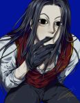  &lt;o&gt;_&lt;o&gt; 1boy black_eyes black_gloves black_hair black_pants blue_background expressionless finger_to_mouth gloves highres hunter_x_hunter illumi_zoldyck long_hair looking_at_viewer male_focus money_health pants red_vest shirt signature simple_background solo vest white_shirt 